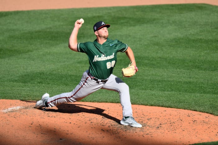 Jul 8, 2023; Seattle, Washington, USA; National League Futures relief pitcher Spencer Schwellenbach (88) of the Atlanta Braves pitches to the American League during the fifth inning of the All Star-Futures game at T-Mobile Park.